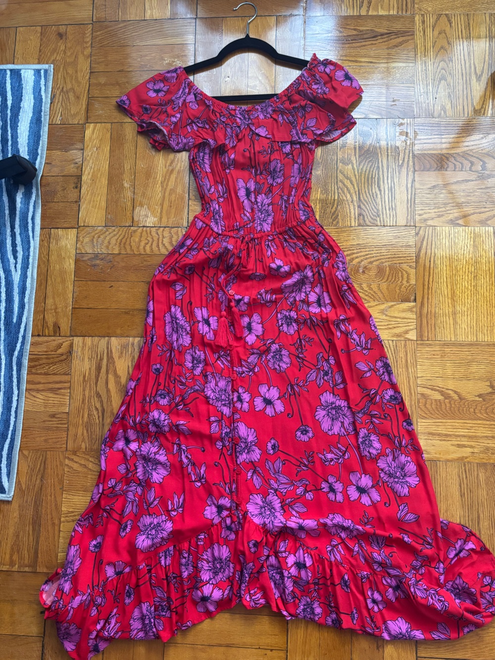 D&G Collective Off-The-Shoulder Floral Maxi Dress | Red & Purple Tassel Waist